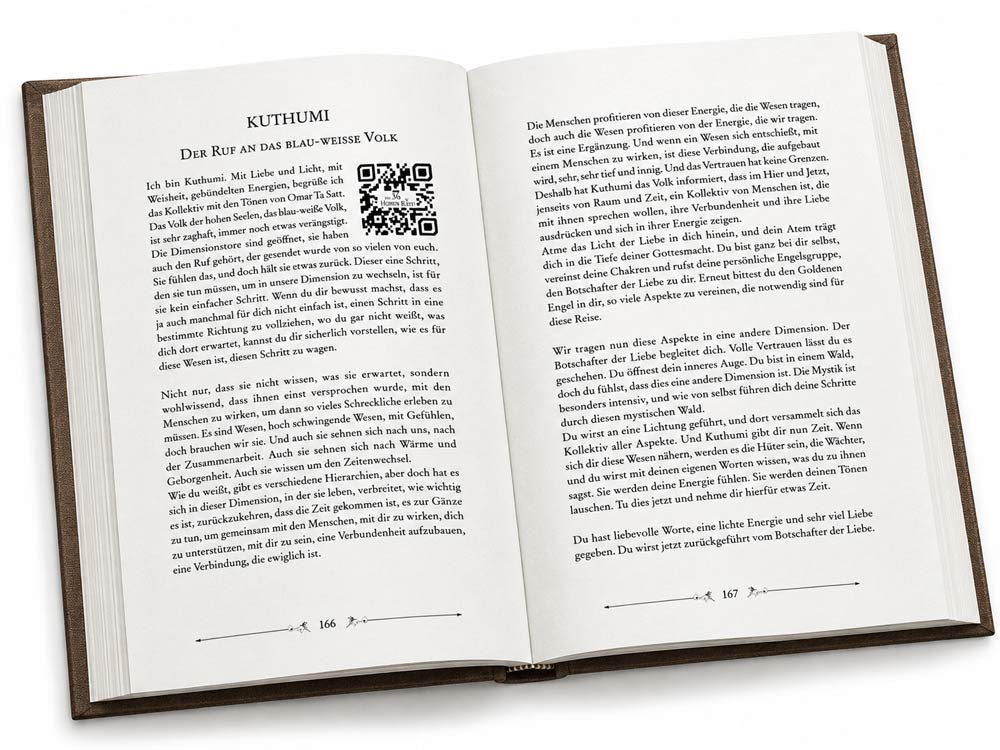 Aufgeschlagenes Buch mit QR-Code zu einem Original-Channeling